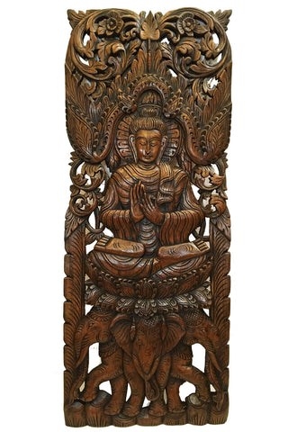 Large Carved Wood Panel. Buddha on Elephants Wood Wall Art Decor