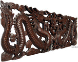 Dragon Wood Carved Wall Panel. Asian Chinese Home Decor. Decorative Wood Carving Sculpture. Dark Brown Finish 35.5”x13.5”x1"