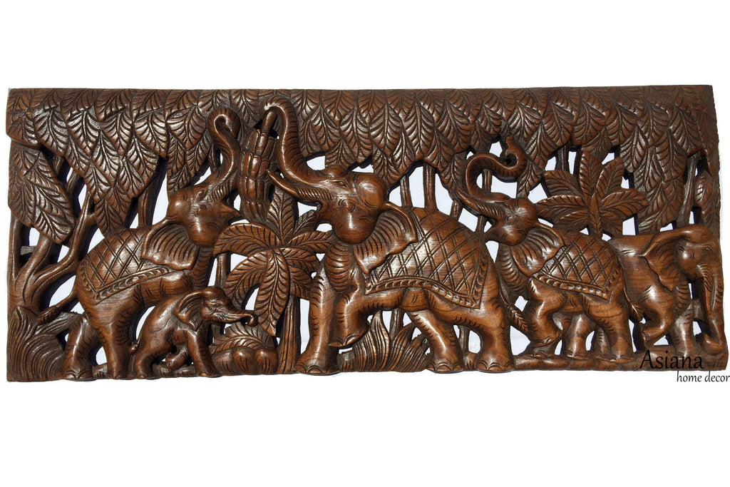 Elephant Family Wood Carved Wall Panel. Tropical Home Decor. Design Options 35.5"x13.5" Extra Thick