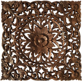 Oriental Floral Carved Teak Wood Wall Art Plaque. Square Rustic Home Decor. 24"x24"x1" Extra Thick Brown