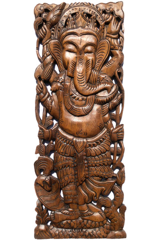 Ganesha Standing Buddha Holding Lotus Flower Wall Art. Brown Finish 35.5"x13.5" Extra Thick