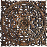 Oriental Carved Floral Wall Decor. Unique Asian Wood Wall Art. Large Square Carved Wood Panel.Rustic Wall Decor. 24" Color Options Available