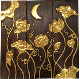 Asian Wood Carved Wall Art Panels. Lotus Flower and Moon Relief Wood Carved Wall Hanging. 36" Dark Brown and Gold