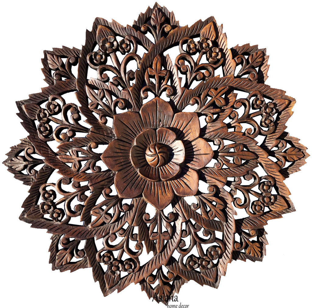 Oriental Round Carved Wood Water Lilly Wall Decor. Dark Brown Size 17.5" and 24" Extra Thick