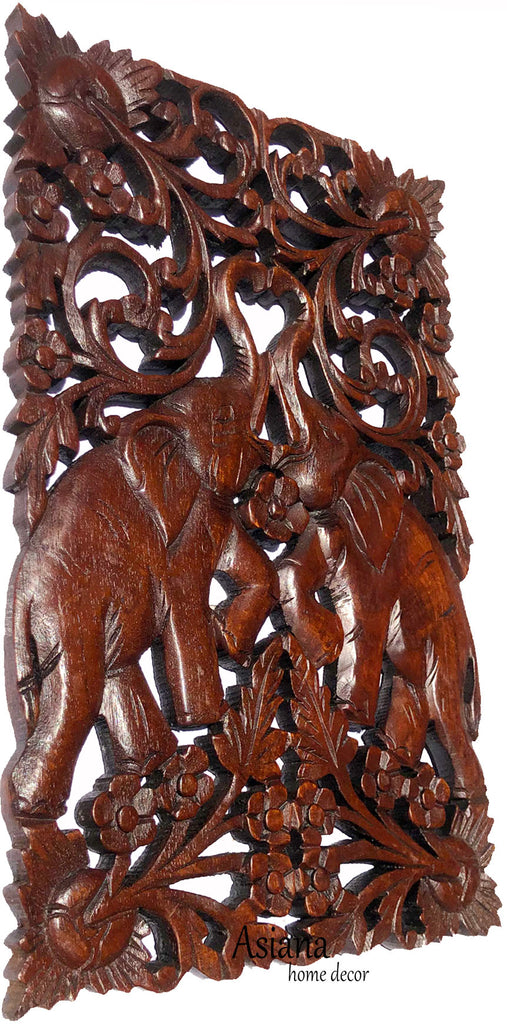 Wood Wall Decor Elephant Love Sign Carved Plaque. Dark Brown Finish 12"x17.5"x0.5"