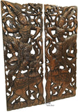 Traditional Thai Dance Figure and Elephant Large Carved Wood Panels. Dark Brown Finish 35.5”x13.5” Each, Set of 2 pcs