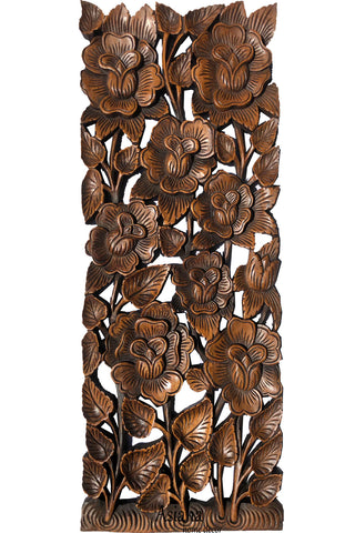 Rose Flower Carved Wood Wall Panel. Brown 35.5”x13.5” Extra Thick Color Options Available