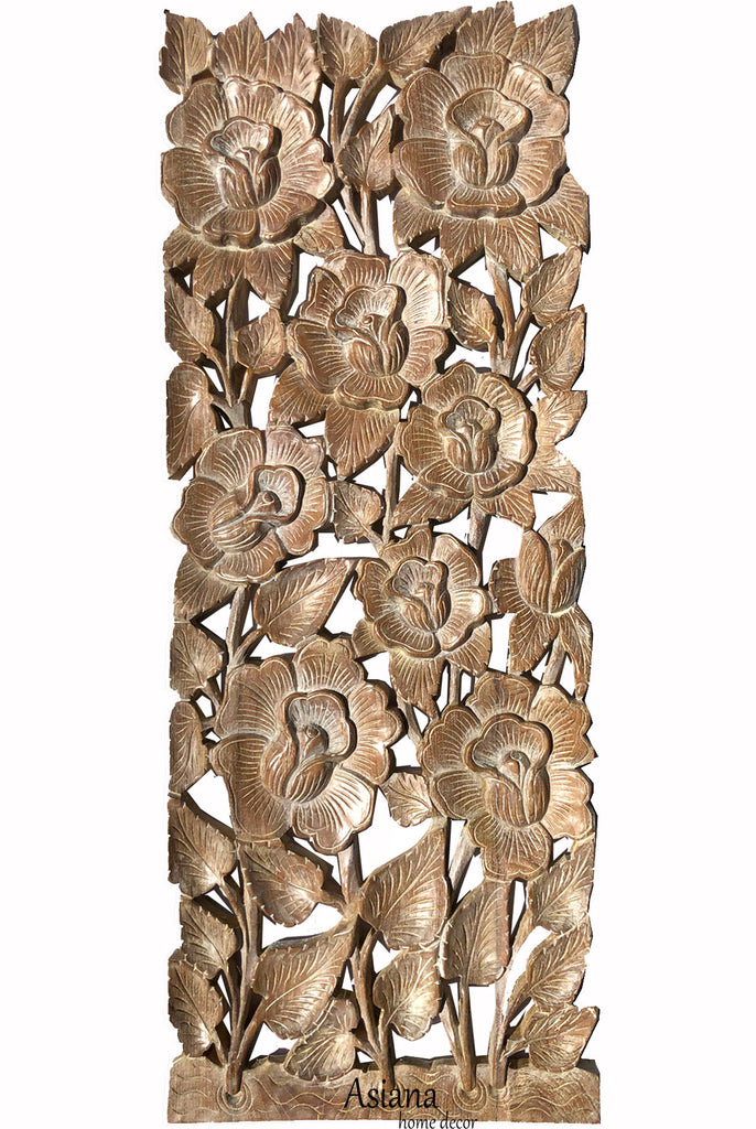 Rose Flower Carved Wood Wall Panel. Brown 35.5”x13.5” Extra Thick Color Options Available
