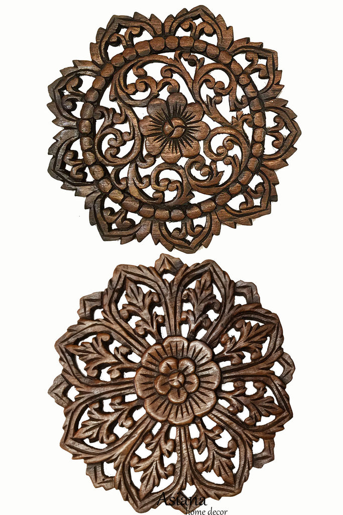 Round Floral Carved Wood Wall Decor. Set of 2 Brown 12"
