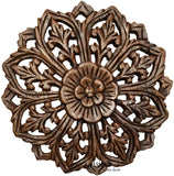 Wood Wall Plaque. Round Floral Wood Carved Panel. Oriental Home Decor. Brown 12"