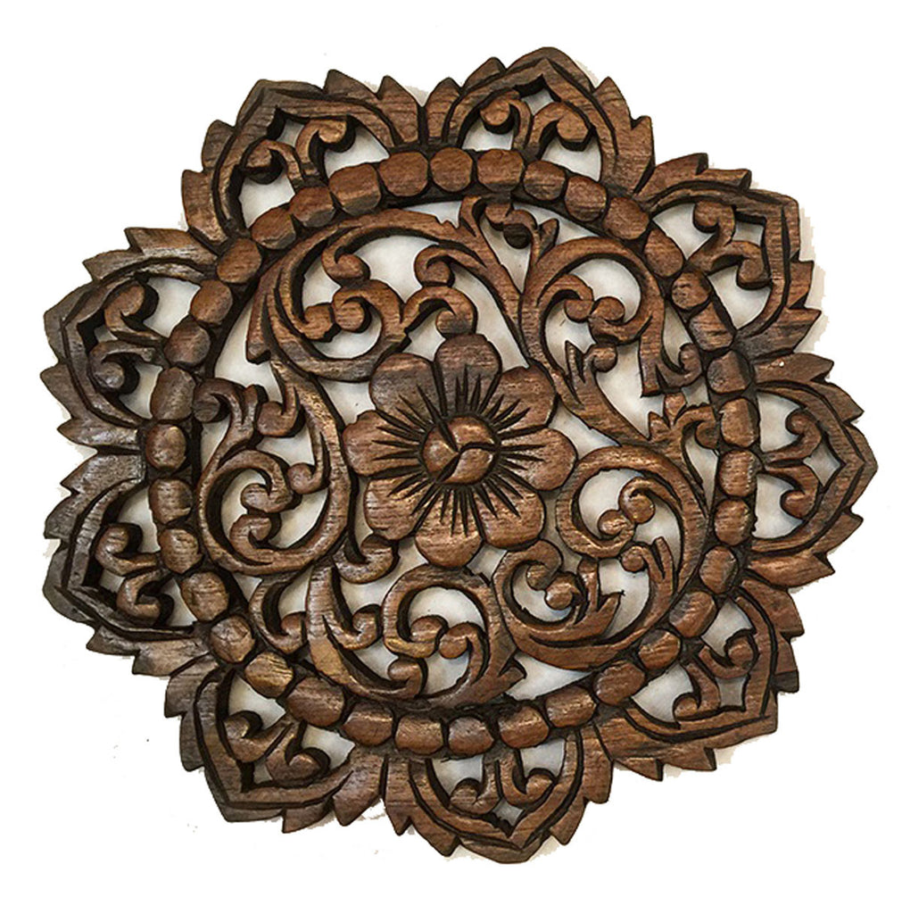Round Wood Plaque. Oriental Carved Lotus.Teak Wood Wall Hanging. Rustic Wall Decor. Size 12"x12"x0.5" Available in Brown