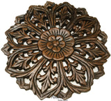 Wood Wall Plaque. Round Floral Wood Carved Panel. Oriental Home Decor. Brown 12"