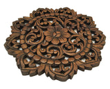 Round Wood Plaque. Oriental Carved Lotus.Teak Wood Wall Hanging. Rustic Wall Decor. Size 12"x12"x0.5" Available in Brown