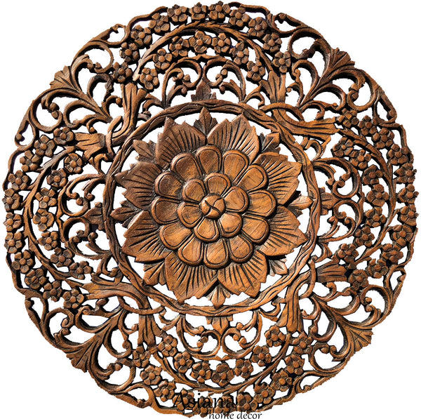 Oriental Round Carved Wood Wall Decor. Decorative Floral Wall Plaques