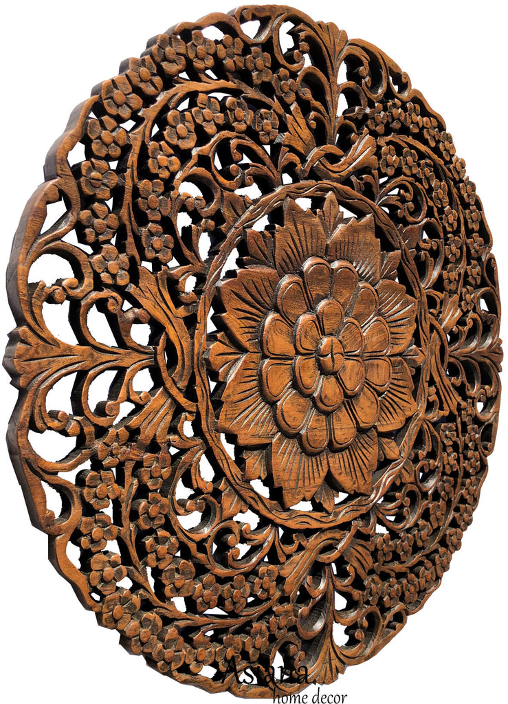 Round floral carved wood wall art plaque