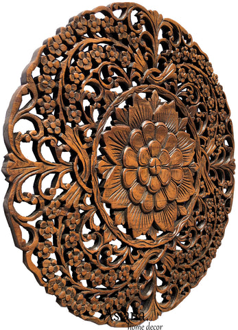 Round floral carved wood wall art plaque
