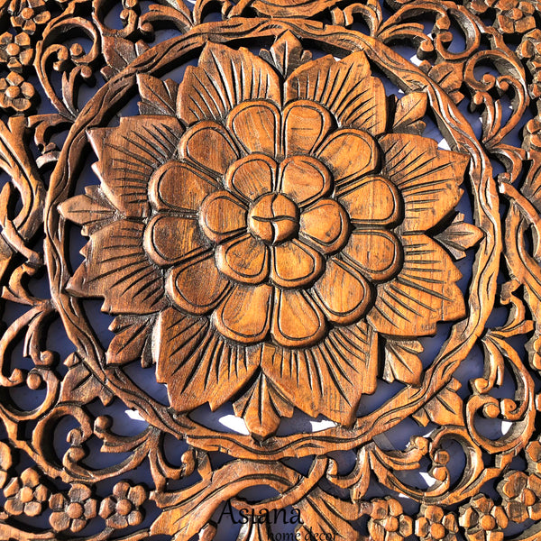 Oriental Round Carved Wood Wall Decor. Decorative Floral Wall Plaques