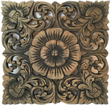 Rustic Home Decor Wood Plaque. Square Oriental Carved Lotus. Hand Carved Wall Art Decor Panel. Color Options Available 12"