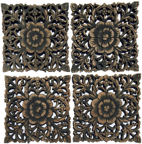 Rustic Home Decor Wood Plaque. Bali Home Decor. Oriental Carved Lotus Home Decor. Decorative Thai Wall Relief Panel Sculpture. Teak Wood Wall Hanging. Black Wash Size 12", Set of 4
