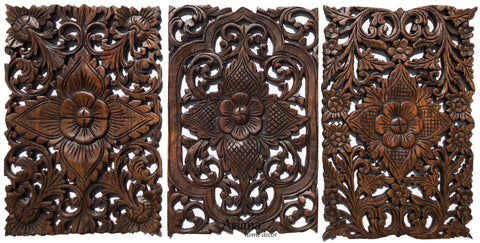 set of 3 floral carved wood panel set