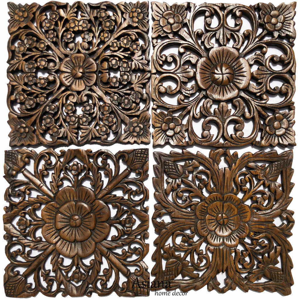 Floral Wood Wall Plaque Home Decor. Set of 4. 12" Square