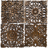 Floral Wood Wall Plaque Home Decor. Set of 4. 12" Square
