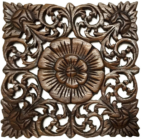 Rustic Home Decor Wood Plaque. Square Oriental Carved Lotus. Hand Carved Wall Art Decor Panel. Color Options Available 12"