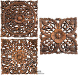 small square floral carved wood wall art set