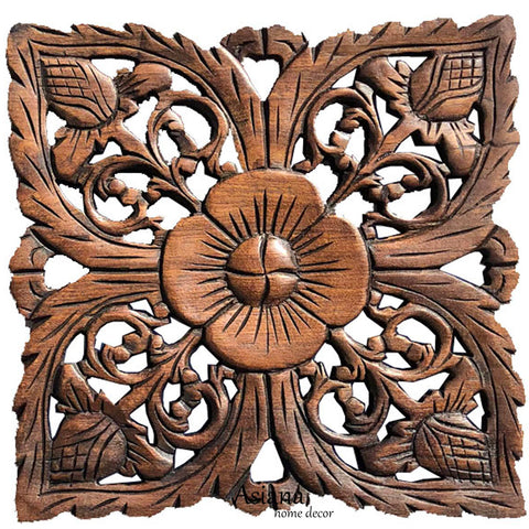 small square floral carved wood