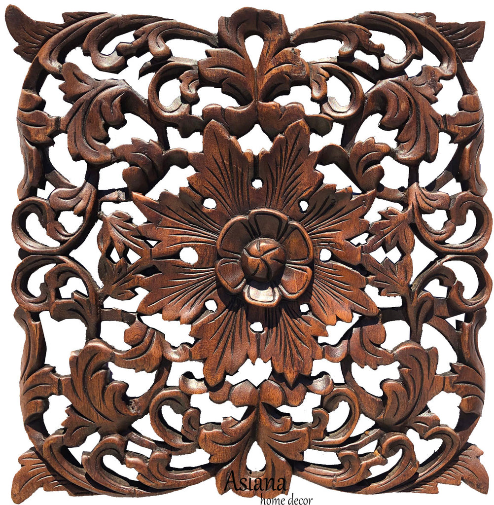 Tropical Floral Carved Wood Square Plaque. Dark Brown Finish Size 17.5"x17.5"x1"