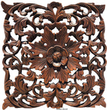 Tropical Floral Carved Wood Square Plaque. Dark Brown Finish Size 17.5"x17.5"x1"