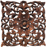 Tropical Floral Carved Wood Square Plaque. Dark Brown Finish Size 17.5"x17.5"x1"