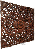Oriental Carved Floral Wall Decor. Unique Asian Wood Wall Art. Large Square Carved Wood Panel. Rustic Wall Decor. 24"x24"x0.5" Color Options Available