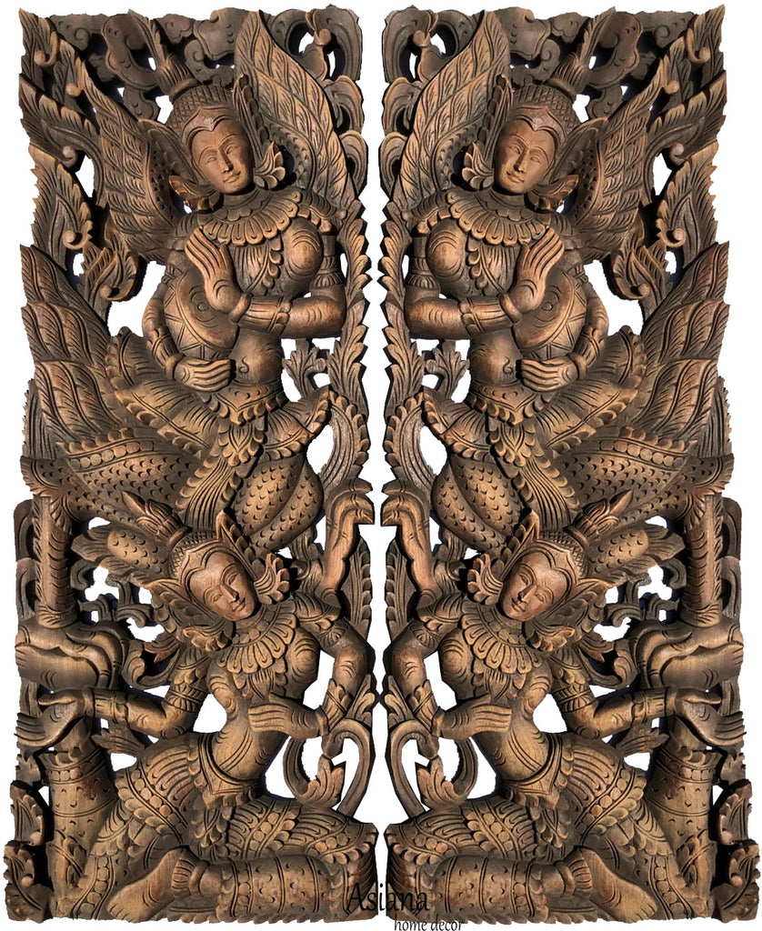 Thai Figure Carved Wood Wall Panels. Asian Home Decor. 35.5”x13.5”x1". Set of 2 pcs Color Options Available