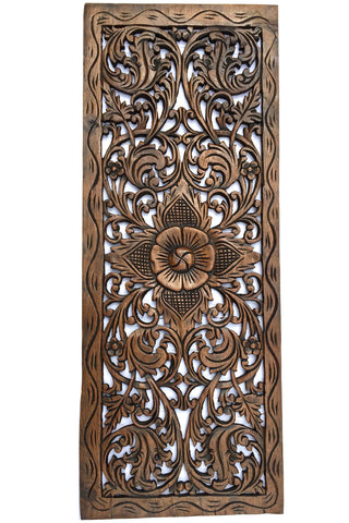 Floral Wood Carved Wall Panel. Decorative Thai Wall Relief Panel Sculpture. Size 35.5"x13.5"Available Color Options