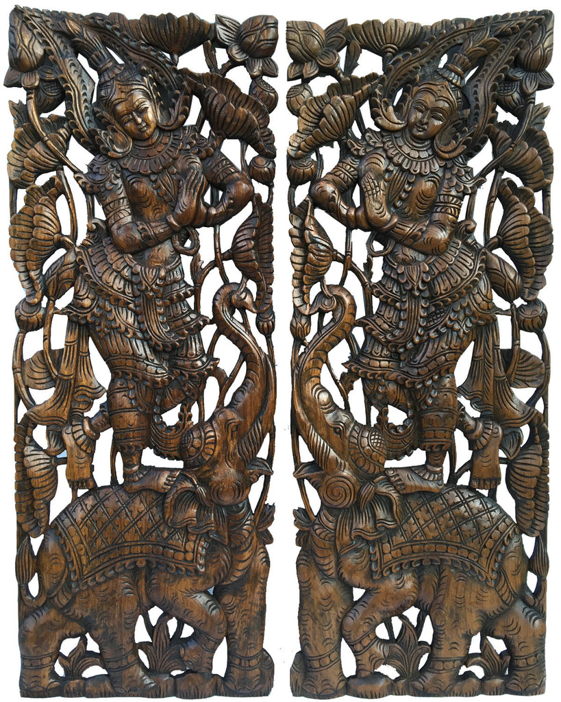 Traditional Sawaddee Thai Figure and Elephant Carved Wood Panels. Asian Home Decor Wall Art. Brown Finish 35.5”x13.5”x1" Each, Set of 2 pcs