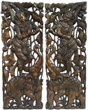 Traditional Sawaddee Thai Figure and Elephant Carved Wood Panels. Asian Home Decor Wall Art. Brown Finish 35.5”x13.5”x1" Each, Set of 2 pcs
