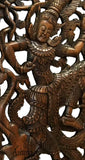 Traditional Thai Dance Figure and Elephant Large Carved Wood Panels. Dark Brown Finish 35.5”x13.5” Each, Set of 2 pcs