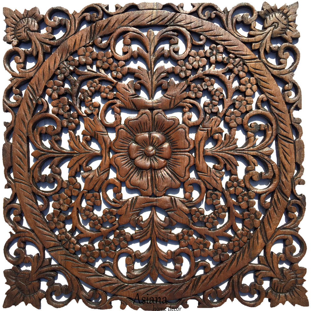 Oriental Carved Floral Wall Decor. Unique Asian Wood Wall Art. Large Square Carved Wood Panel.Rustic Wall Decor. 24" Color Options Available