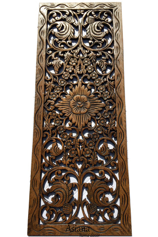 Floral Wood Carved Wall Panel Decoration. Asian Home Decor Wall Hanging. Large Wood Wall Plaque 35.5"x13.5"x0.5" Color Options Available
