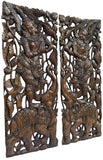 Traditional Sawaddee Thai Figure and Elephant Carved Wood Panels. Asian Home Decor Wall Art. Brown Finish 35.5”x13.5”x1" Each, Set of 2 pcs