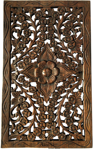 Wood Carved Wall Panel. Hand Carved Floral Wall Art Decor. Rustic Wall Decor. Dark Brown Finish Size 24"x13.5"x0.5"