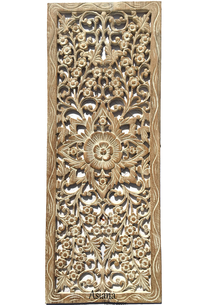 Floral Wood Carved Wall Panel. Decorative Thai Wall Relief Panel Sculpture. Large Carved Wood Wall Panel 35.5"x13.5" Color Options Available