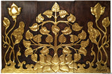Asian Wood Sacred Fig Tree and Lotus Flower Relief Wall Art Panels. Elegant Gold leaf Wood Carved Wall Plaque. Dark Brown and Gold. Size Options Available