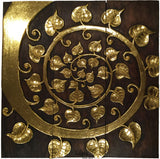 Asian Wood Wall Art Panels. Elegant Gold Sacred fig leaf Relief Wood Carved Wall Plaque. 36" Dark Brown and Gold