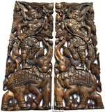 Thai Figure and Elephant Carved Wood Panels. Large Carved Wood Panels. Asian Home Decor Wall Art. Brown Finish 35.5”x13.5”x1" Each, Set of 2 pcs