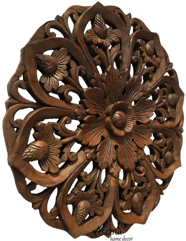 Oriental Round Carved Wood Lotus Wall Decor. Teak Wood Wall Hanging. Rustic Home Decor. Brown 24" Extra Thick
