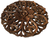 Oriental Round Carved Wood Lotus Wall Decor. Teak Wood Wall Hanging. Rustic Home Decor. Brown 24" Extra Thick