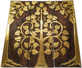 Asian Wood Sacred Fig Tree Relief Wall Art Panels. Elegant Gold leaf Wood Carved Wall Plaque. Dark Brown and Gold. Size Options Available.