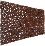 Headboard Floral Tropical Carved Wood Wall Panel. Balinese Wall Sculpture Panel. Size 27"x48" Dark Brown